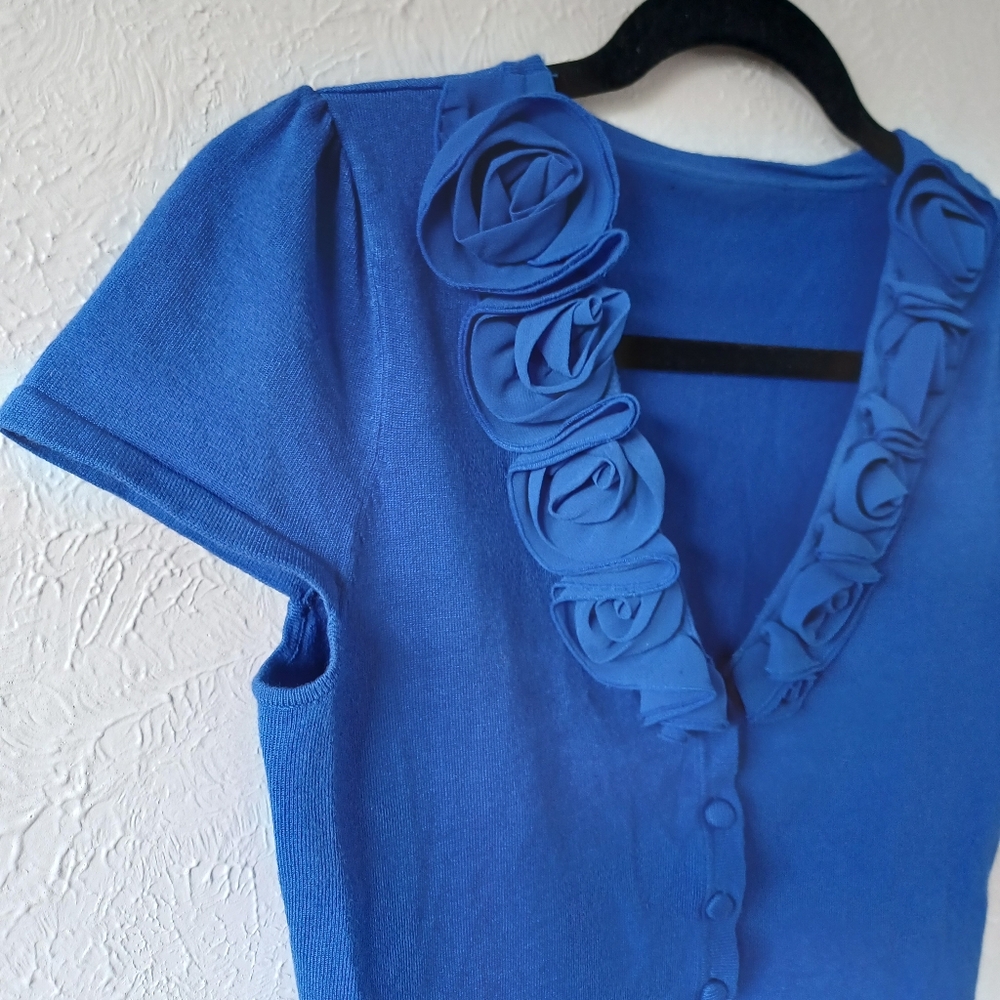 Blue Short Sleeve Button Cardigan Top with Floral Detail